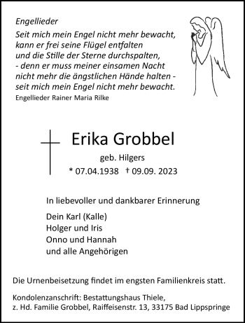 Traueranzeige von Erika Grobbel von Westfalen Blatt