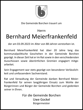 Traueranzeige von Bernhard Meierfrankenfeld von Westfalen Blatt