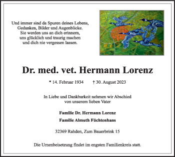 Traueranzeige von Dr. med. Vet. Hermann Lorenz von Westfalen Blatt