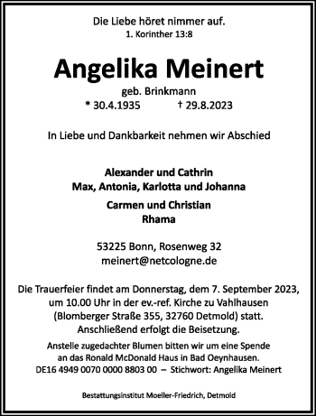 Traueranzeige von Angelika Meinert von Westfalen Blatt