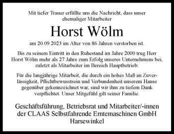 Traueranzeige von Horst Wölm von Westfalen Blatt