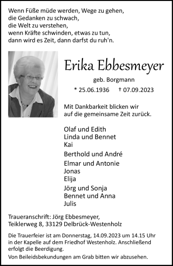 Traueranzeige von Erika Ebbesmeyer von Westfalen Blatt