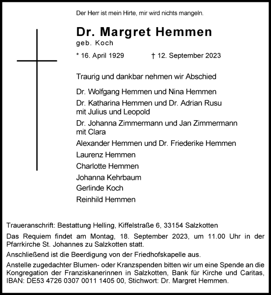 Traueranzeige von Dr. Margret Hemmen von WESTFALEN BLATT