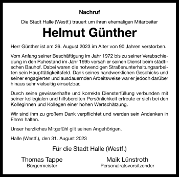 Traueranzeige von Helmut Günther von Westfalen Blatt