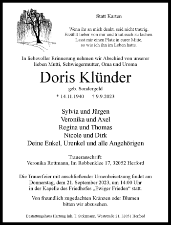 Traueranzeige von Doris Klünder von Westfalen Blatt