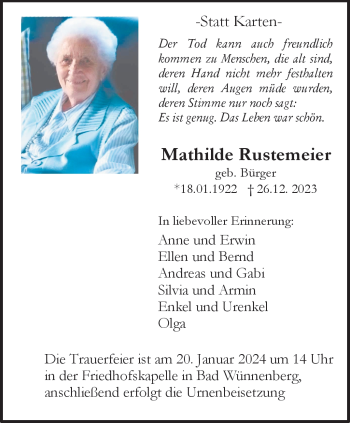 Traueranzeige von Mathilde Rustemeier von Westfalen Blatt