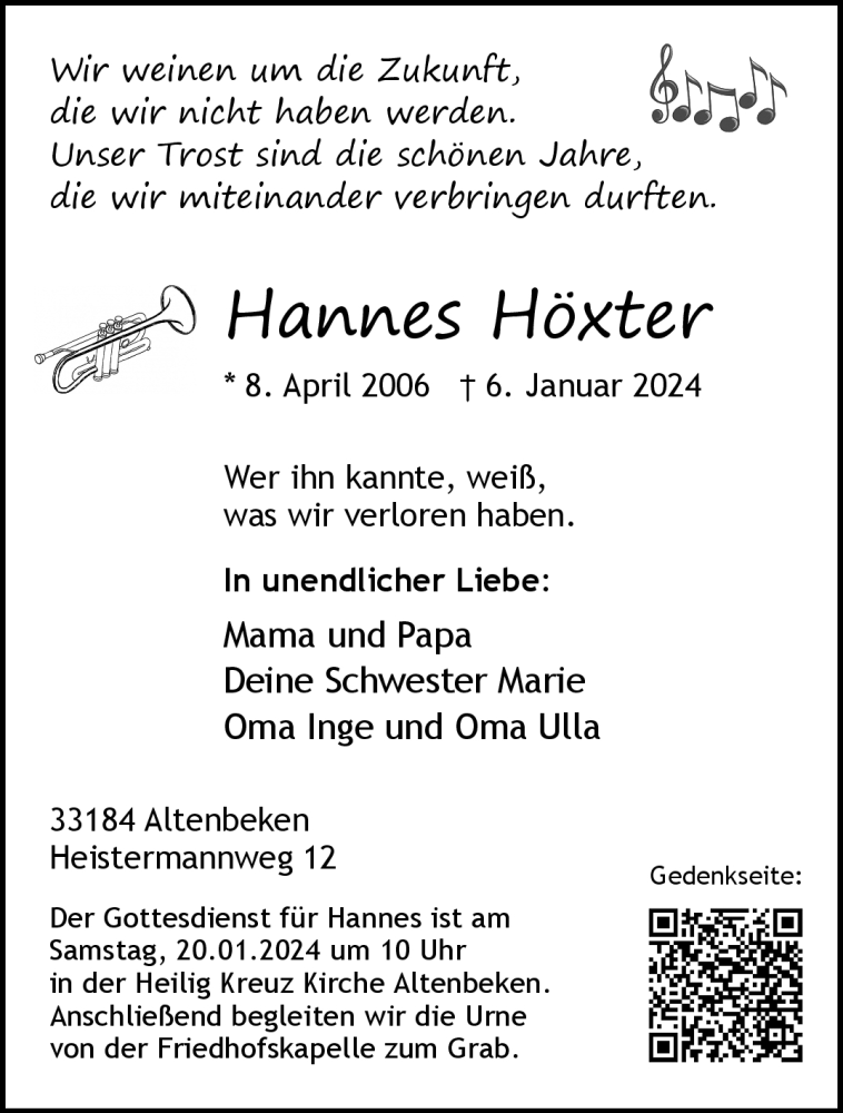  Traueranzeige für Hannes Höxter vom 13.01.2024 aus Westfalen Blatt