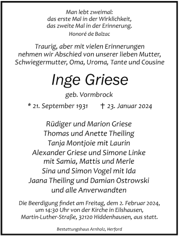 Traueranzeige von Inge Griese von Westfalen Blatt