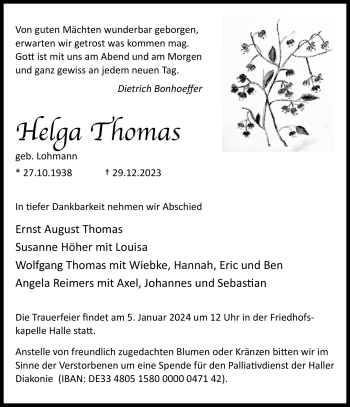 Traueranzeige von Helga Thomas von Westfalen Blatt