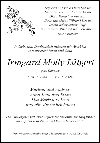 Traueranzeige von Irmgard Molly Lütgert von Westfalen Blatt