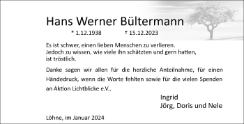 Traueranzeige von Hans Werner Bültermann von Westfalen Blatt