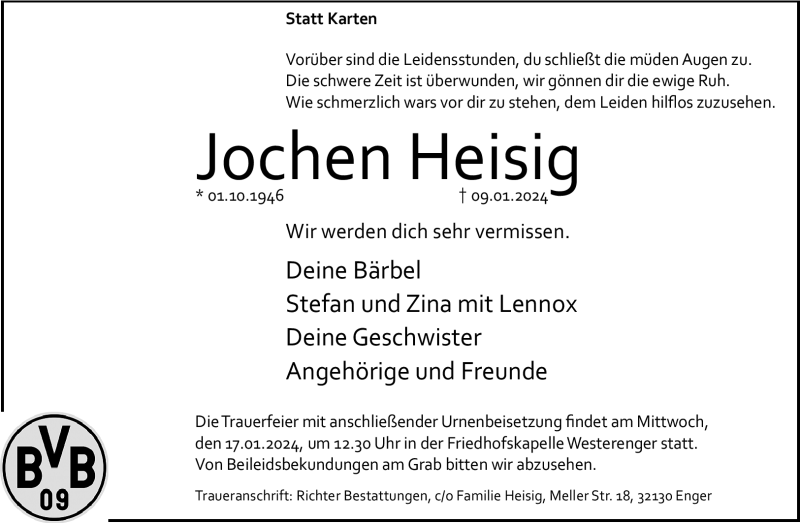  Traueranzeige für Jochen Heisig vom 13.01.2024 aus Westfalen Blatt