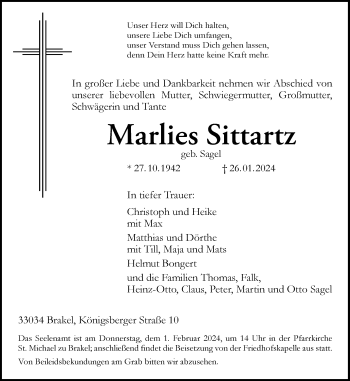 Traueranzeige von Marlies Sittartz von Westfalen Blatt