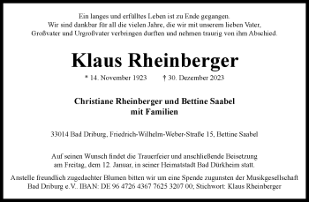 Traueranzeige von Klaus Rheinberger von Westfalen Blatt