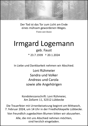 Traueranzeige von Irmgard Logemann von Westfalen Blatt