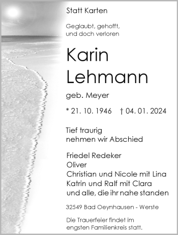 Traueranzeige von Karin Lehmann von Westfalen Blatt