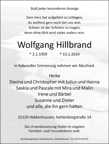 Traueranzeige von Wolfgang Hillbrand von Westfalen Blatt