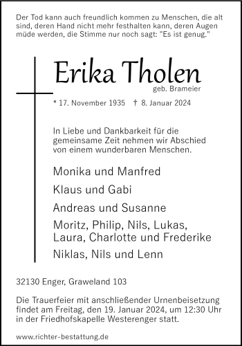 Traueranzeige von Erika Tholen von Westfalen Blatt