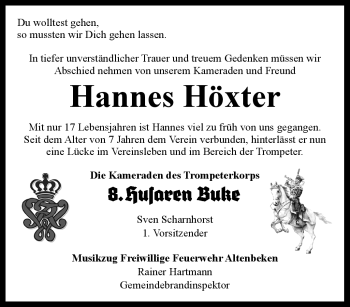 Traueranzeige von Hannes Höxter von Westfalen Blatt