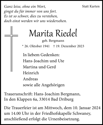 Traueranzeige von Marita Riedel von Westfalen Blatt