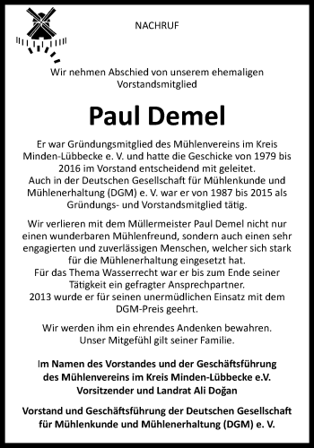 Traueranzeige von Paul Demel von Westfalen Blatt