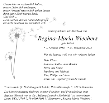 Traueranzeige von Regina-Maria Wiechers von Westfalen Blatt