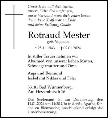 Traueranzeige von Rotraud Mester von Westfalen Blatt