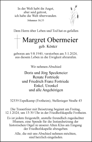 Traueranzeige von Margret Obermeier von Westfalen Blatt