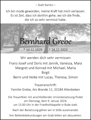 Traueranzeige von Bernhard Grebe von Westfalen Blatt