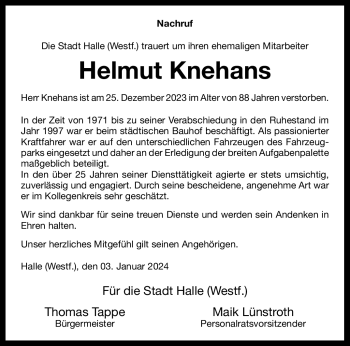 Traueranzeige von Helmut Knehans von Westfalen Blatt