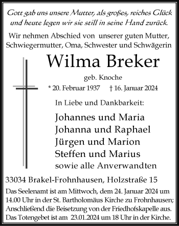 Traueranzeige von Wilma Breker von Westfalen Blatt