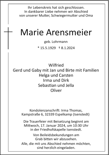 Traueranzeige von Marie Arensmeier von Westfalen Blatt