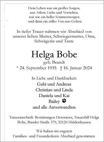 Traueranzeige von Helga Bobe von Westfalen Blatt