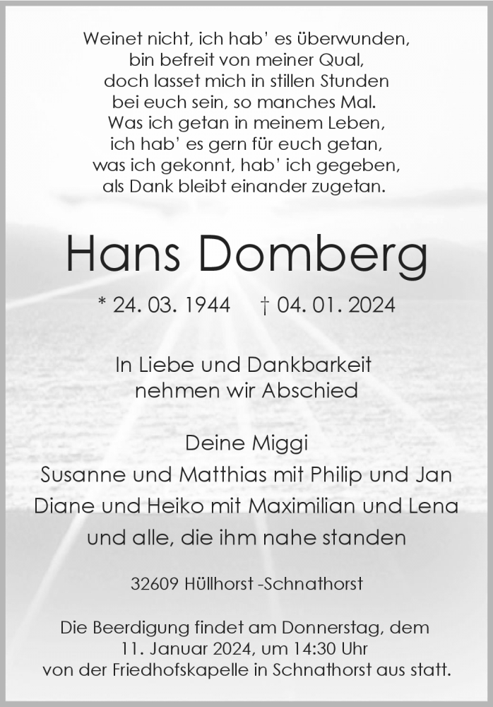  Traueranzeige für Hans Domberg vom 06.01.2024 aus Westfalen Blatt