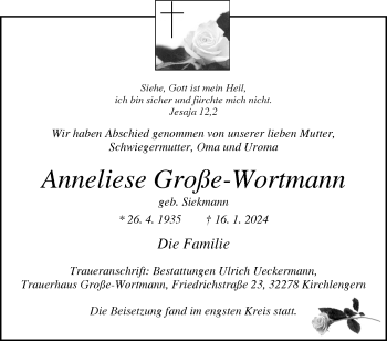 Traueranzeige von Anneliese Große-Wortmann von Westfalen Blatt