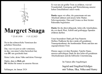 Traueranzeige von Margret Snaga von Westfalen Blatt