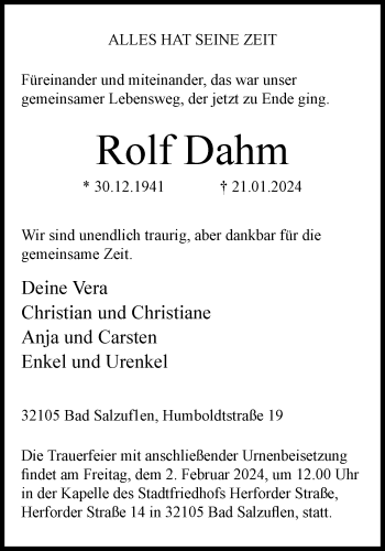 Traueranzeige von Rolf Dahm von Westfalen Blatt