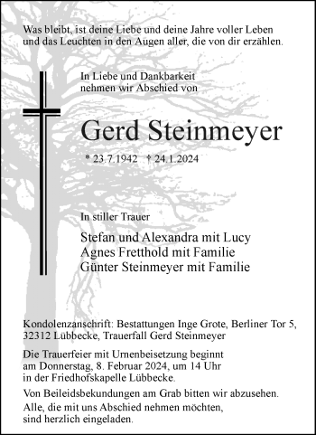 Traueranzeige von Gerd Steinmeyer von Westfalen Blatt