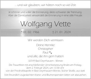 Traueranzeige von Wolfgang Vette von Westfalen Blatt