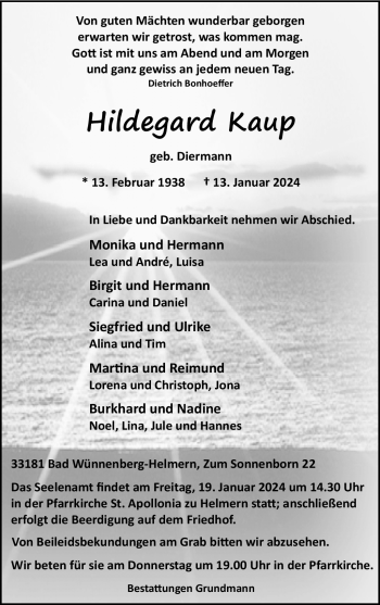 Traueranzeige von Hildegard Kaup von Westfalen Blatt