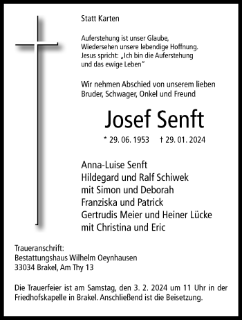 Traueranzeige von Josef Senft von Westfalen Blatt