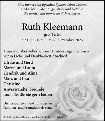 Traueranzeige von Ruth Kleemann von Westfalen Blatt