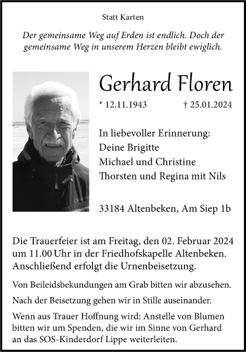 Traueranzeige von Gerhard Floren von Westfalen Blatt