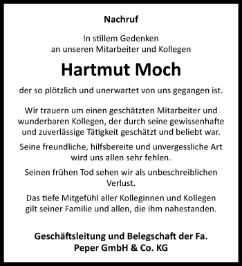 Traueranzeige von Hartmut Moch von Westfalen Blatt