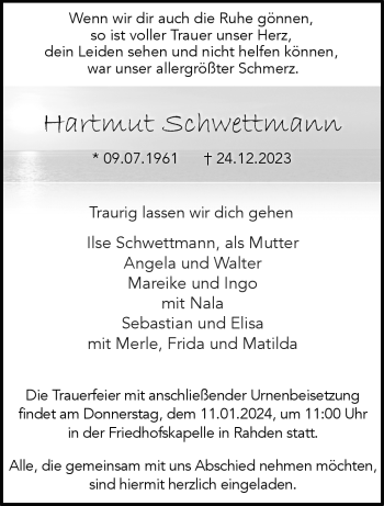 Traueranzeige von Hartmut Schwettmann von Westfalen Blatt