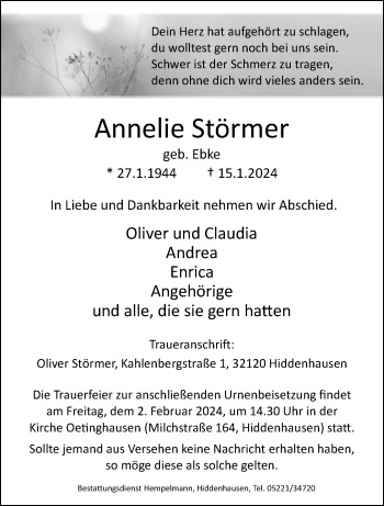 Traueranzeige von Annelie Störmer von Westfalen Blatt