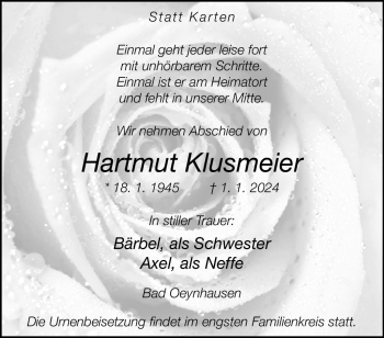 Traueranzeige von Hartmut Klusmeier von Westfalen Blatt