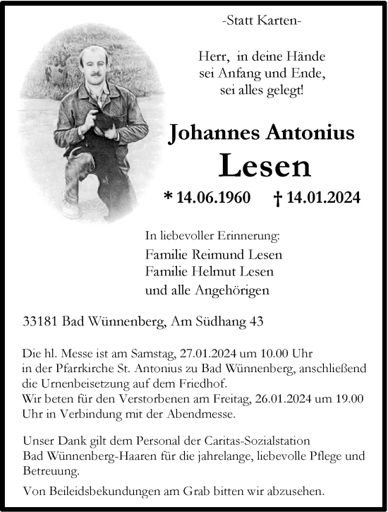 Traueranzeige von Johannes Antonius Lesen von Westfalen Blatt