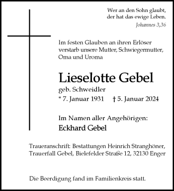 Traueranzeige von Lieselotte Gebel von Westfalen Blatt