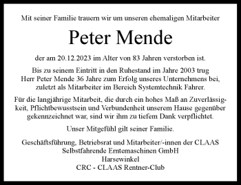 Traueranzeige von Peter Mende von Westfalen Blatt